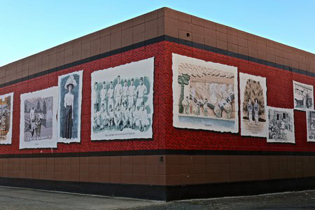 Colorful mural on a building wall showcasing Lodi wine history and grape cultivation.