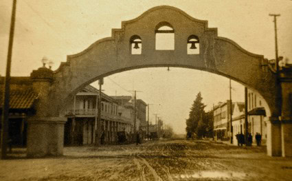 Vintage photo of the historic Lodi Winegrowing District entrance archway in California.