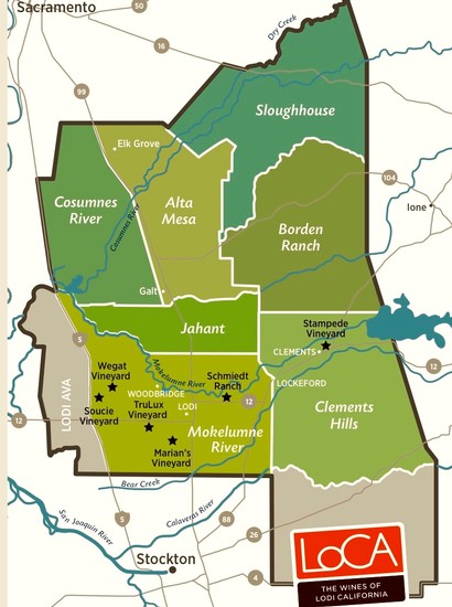 Map of Lodi wine region showing sub-appellations and vineyards in California.