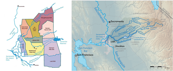 Map of Lodi wine region showing key cities and vineyards in California's wine country.