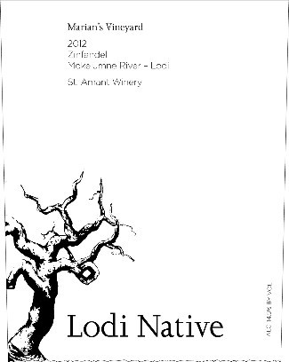 Lodi Native wine label featuring a black and white illustration of a gnarled grapevine and vineyard details.