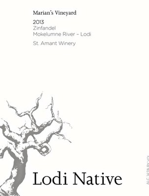 Lodi Native Zinfandel wine label featuring a gnarled vine illustration and vintage details.