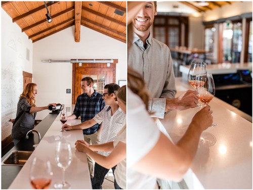 People enjoying wine tasting at a Lodi winery with a bar and wine glasses.