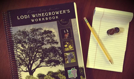 Workbook titled 'Lodi Winegrower's Workbook' with a notepad, pencil, and ink on a wooden surface.