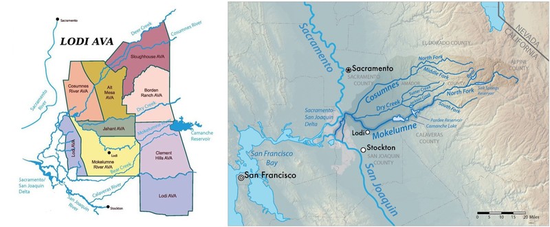 Map of Lodi wine region showing key cities and waterways in California's wine country.