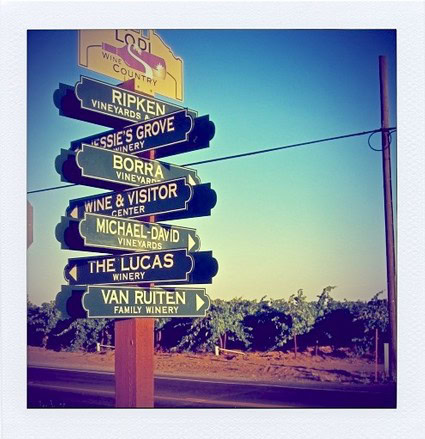 Signpost in Lodi Wine Country showing various vineyards and wineries including Ripken Vineyards and Michael-David Vineyards.