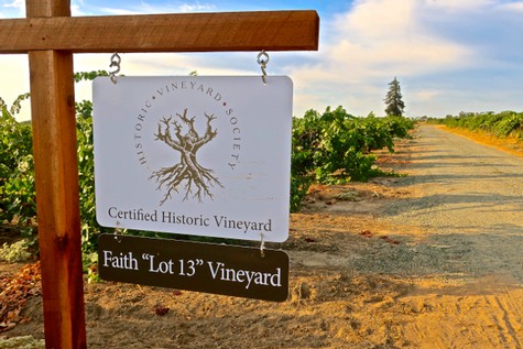 Vineyard sign for Faith Lot 13 Vineyard, part of the Historic Vineyard Society in Lodi, California.