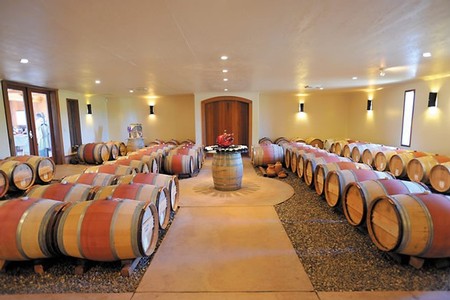 Wine barrels in a tasting room at Lodi Winegrape Commission, showcasing wine storage and aging process.