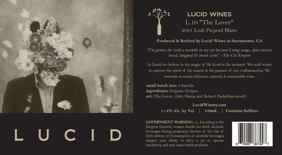 Lodi Winegrape Commission label for Lucid Wines' 2021 The Lover Pinot Blanc from Sacramento, CA.