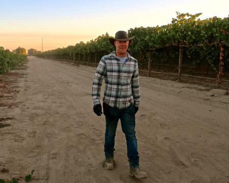 Vineyard worker walking through Lodi winegrape vineyard at sunset, wearing a plaid shirt and cowboy hat.