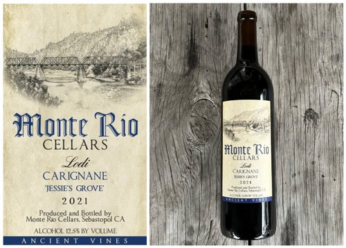 Bottle of Monte Rio Cellars 2021 Carignan wine from Lodi with label and wooden background.