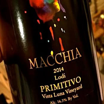 Lodi Macchia Primitivo wine bottle from Vista Luna Vineyard, 2014, with 16.3% alcohol, showcasing premium Lodi wine.
