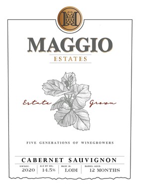 Close-up of Cabernet Sauvignon grapevine leaves at Maggio Estates in Lodi, California.