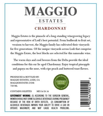 Lodi Winegrape Commission logo with a description of Maggio Estates Chardonnay wine.