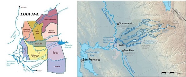 Map of Lodi wine region showing AVA boundaries and key locations in California.
