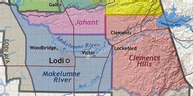 Map of Lodi wine region highlighting Clements Hills and surrounding areas.