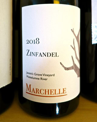 Close-up of Lodi Zinfandel wine bottle label from Jessie's Grove Vineyard, 2018 vintage, Marchelle.