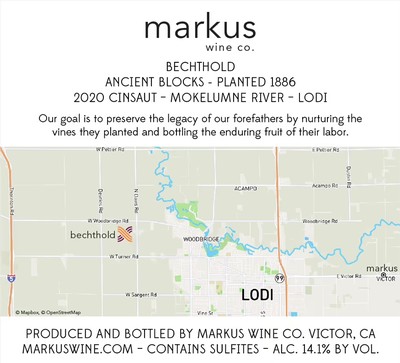 Map of Lodi vineyards showing Bechthold, Woodbridge, and Acampo areas for wine grape production.