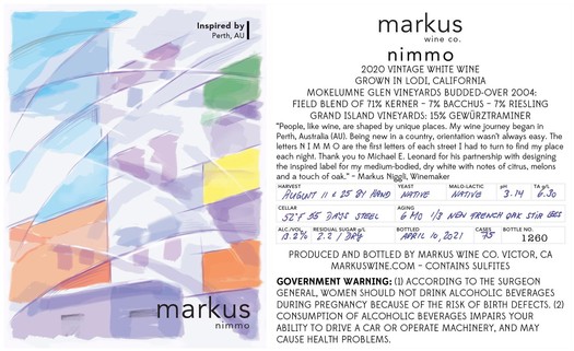 Close-up of Markus Nimmo 2020 Vintage White Wine label from Lodi, California, with detailed wine information and vineyard.