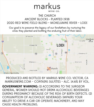 Map of Lodi with vineyard and winery details, highlighting Markkus Wine Co. and local landmarks.