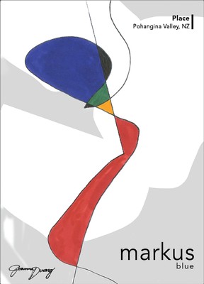 Markus Blue wine from Pohangina Valley, NZ, with a colorful abstract label design.