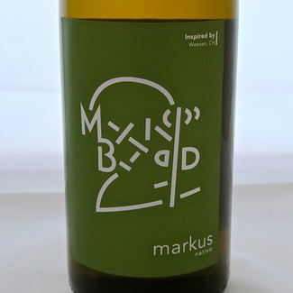 Close-up of Markus native wine bottle label from Lodi Winegrape Commission, inspired by Weesen, Ohl.