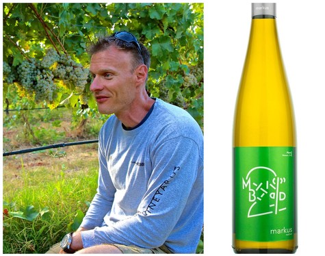 Man in vineyard with grapevines and a bottle of Markus wine for SEO.