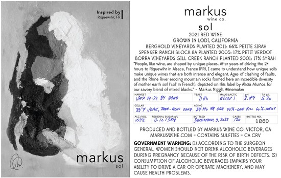 Lodi Winegrape Commission label featuring a black and white map of California with wine details.