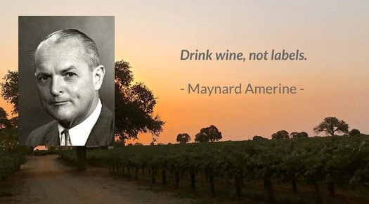 Scenic view of Lodi vineyards at sunset with quote by Maynard Amerine about wine.