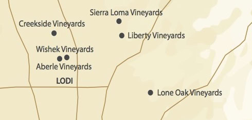 Map of Lodi wine region showing vineyards including Sierra Loma, Liberty, and Wischek Vineyards.