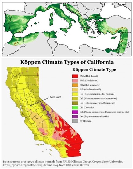 Map showing climate zones in California, including desert, Mediterranean, and oceanic regions.