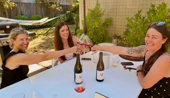 Three women clinking wine glasses at outdoor table with wine bottles and greenery.