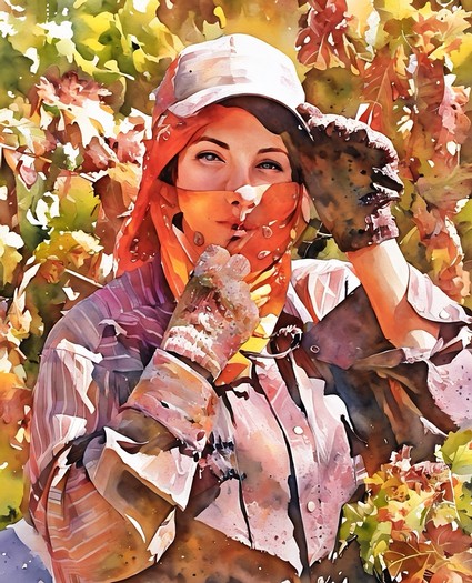 Woman in vineyard with grape leaves, wearing gloves and a hat, during grape harvest in Lodi, California.