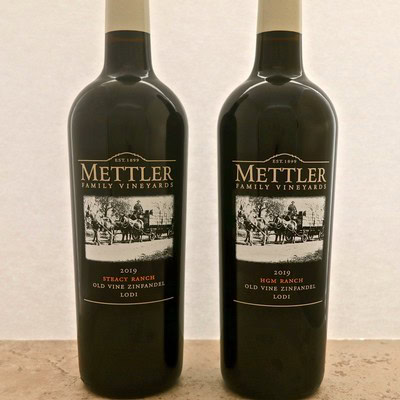 Two bottles of Mettler Family Vineyards wine from Lodi, California, showcasing local wine production.