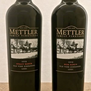 Two bottles of Mettler Family Vineyards 2019 Old Vine Zinfandel wine from Lodi, California.