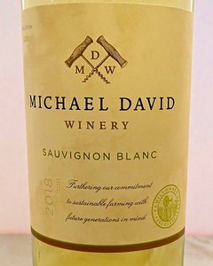 Michael David Winery Sauvignon Blanc 2018 bottle with label details, showcasing the winery's branding and wine type.