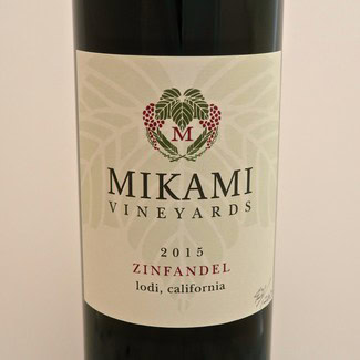 Bottle of Mikami Vineyards Zinfandel 2015 from Lodi, California, with vineyard label design.