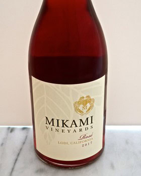 Close-up of Mikami Vineyards red wine bottle from Lodi, California, showcasing the label and vintage 2017.