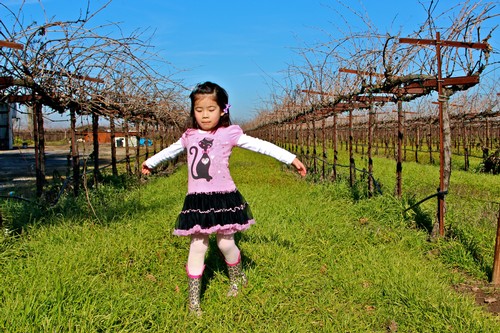 Young girl standing in a vineyard with arms outstretched on a sunny day.
