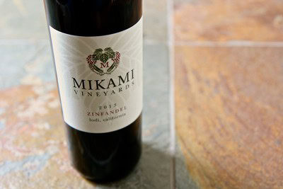 Close-up of Mikami Vineyards 2013 Zinfandel wine bottle from Lodi, California.