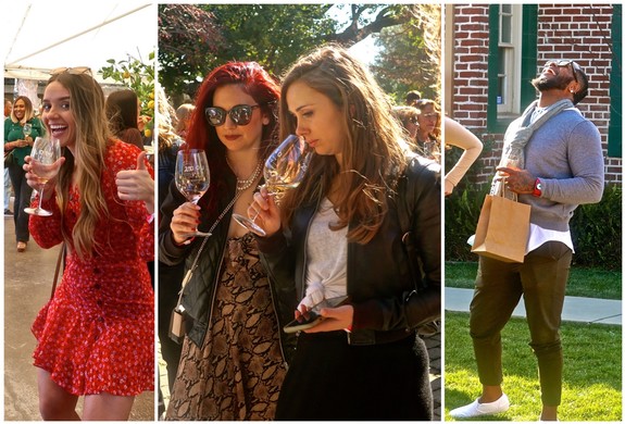 People enjoying wine tasting at a Lodi Winegrape Commission event outdoors.