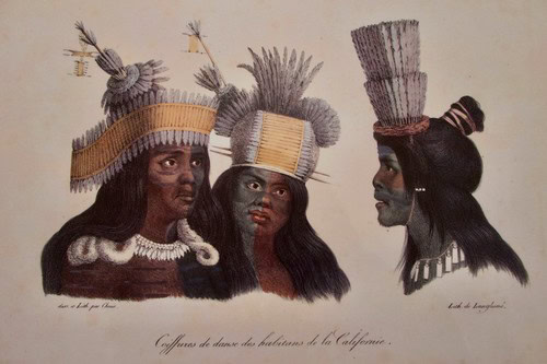 Portrait of three California Native women wearing traditional headdresses and jewelry.