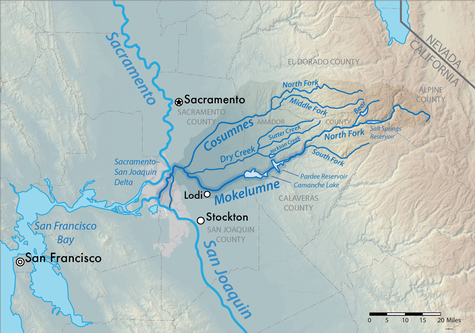 Map of Lodi wine region showing rivers, counties, and key vineyards in California.