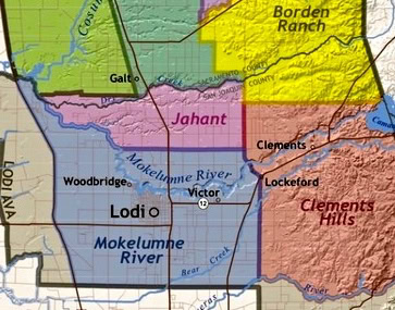 Map of Lodi wine region highlighting key areas like Clements, Jahant, and Borden Ranch in California.