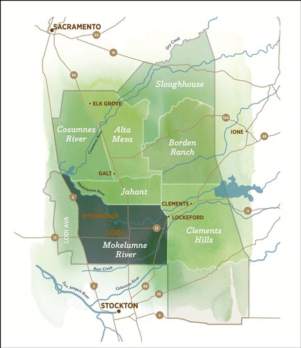 Map of Lodi wine region highlighting key areas and rivers in California.