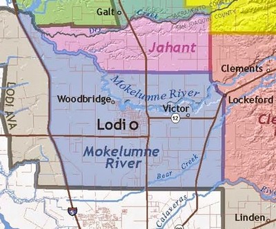 Map of Lodi wine region showing Mokelumne River and surrounding areas in California.