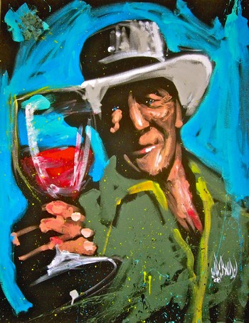 Colorful painting of a man in a hat holding a glass of red wine, representing Lodi wine culture.