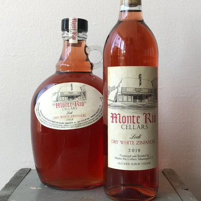 Bottle of Monte Rio Cellars Dry White Zinfandel 2019 from Lodi, California, with winery label visible.