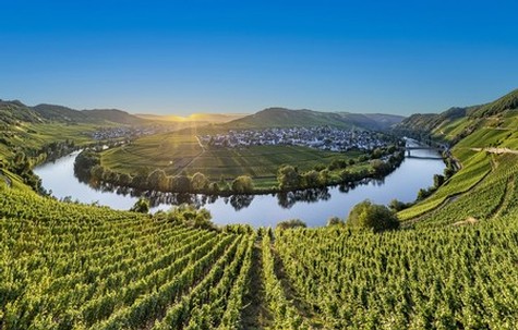 Scenic view of Lodi wine region with vineyards, river, and sunset sky.
