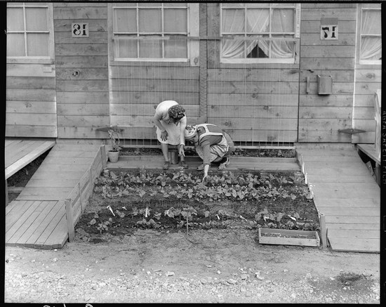 Children planting in a community garden with wooden raised beds and a wooden building in the background.